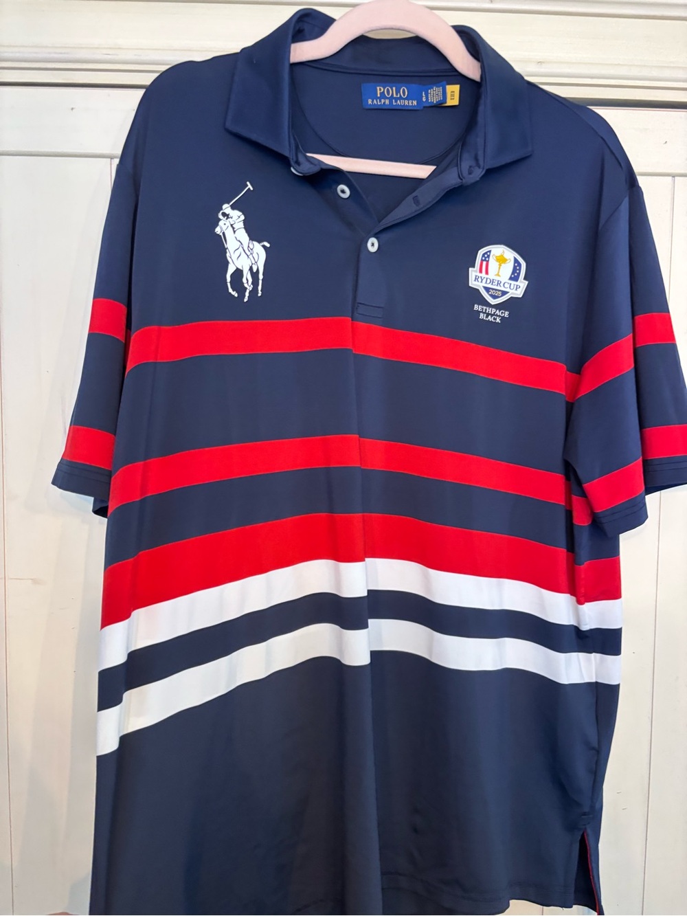 Ralph Lauren Navy Polo with Red & White Stripes ryder cup Bethpage